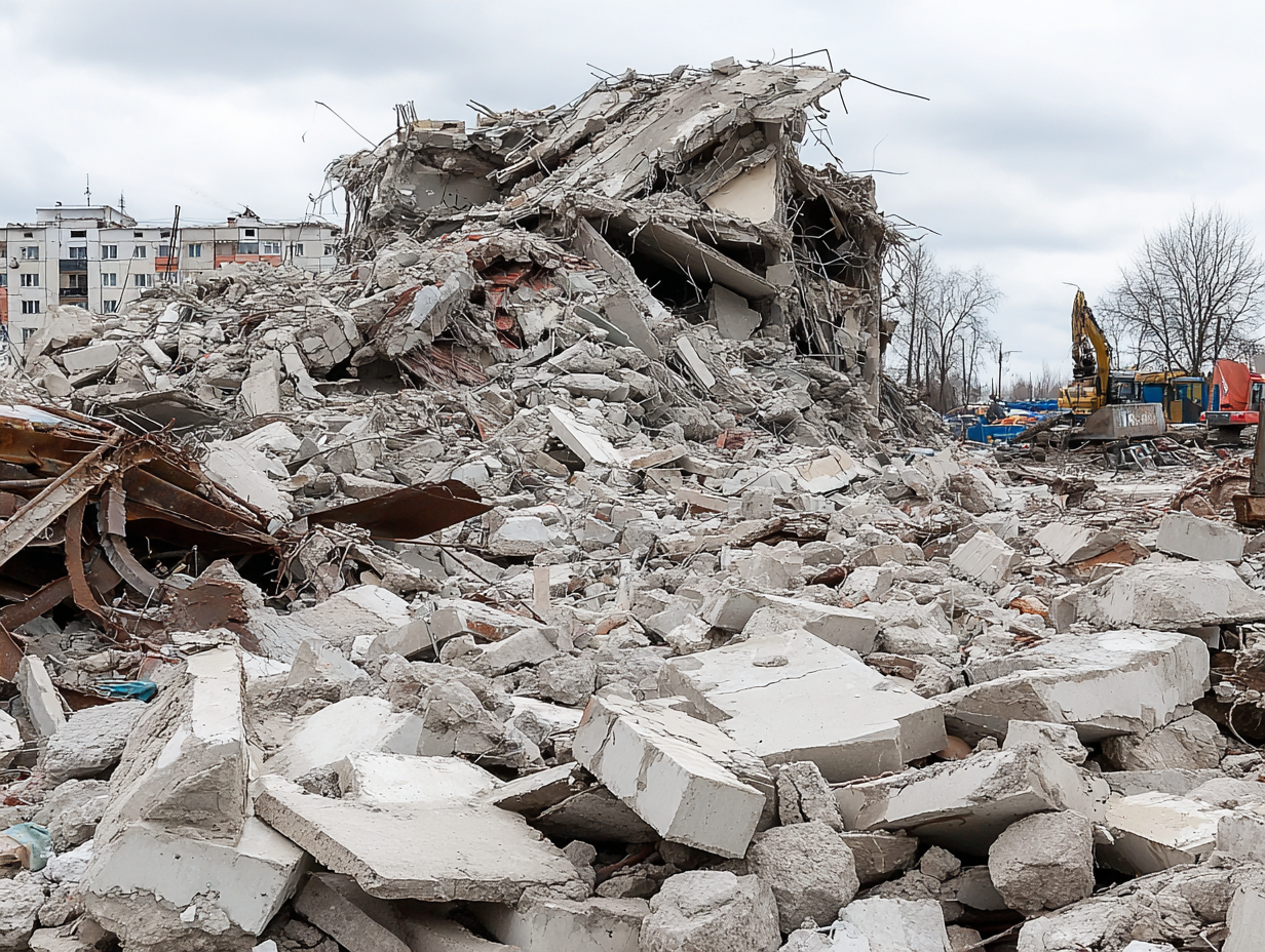 Construction site showing demolished concrete building, illustrating ineffective zero waste principles in building projects.